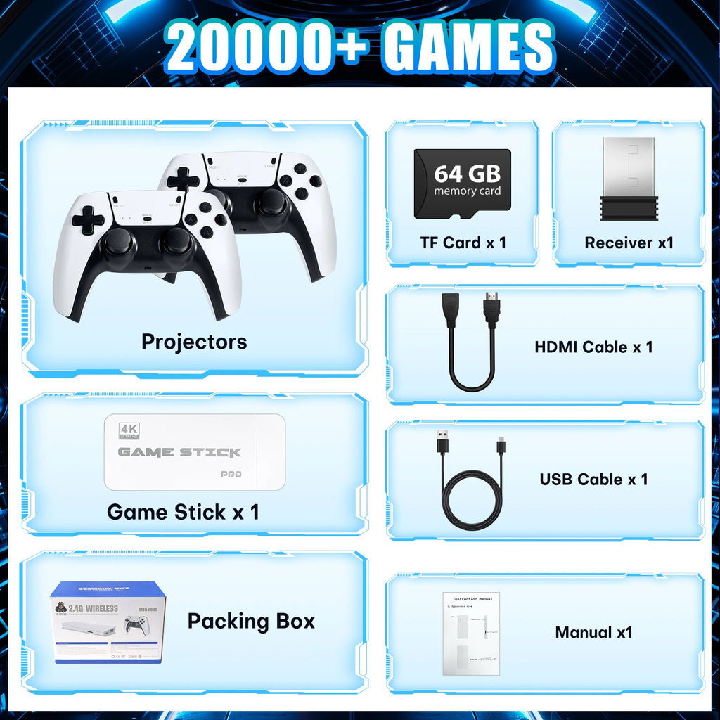 Game Stick Retro Video Game Console 20,000+ Games Wireless Dual Controllers HDMI Gaming Stick for TV