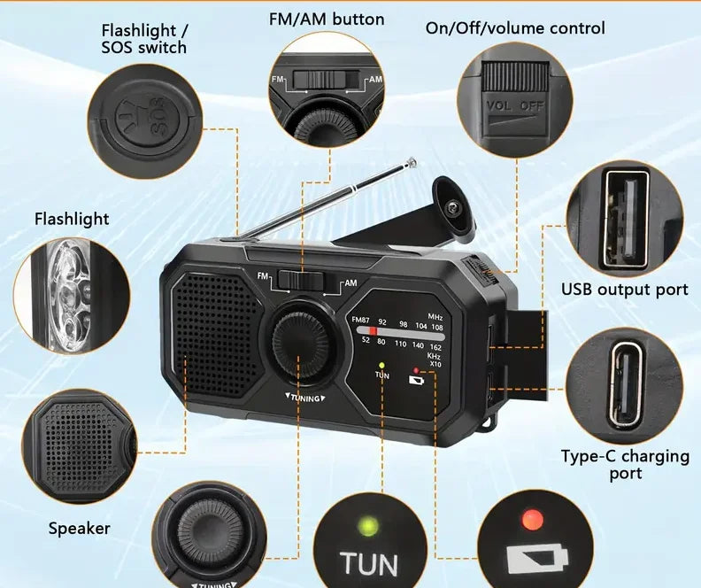 Waterproof Portable Solar Radio, Blackout  Power Station, USB Phone Charger