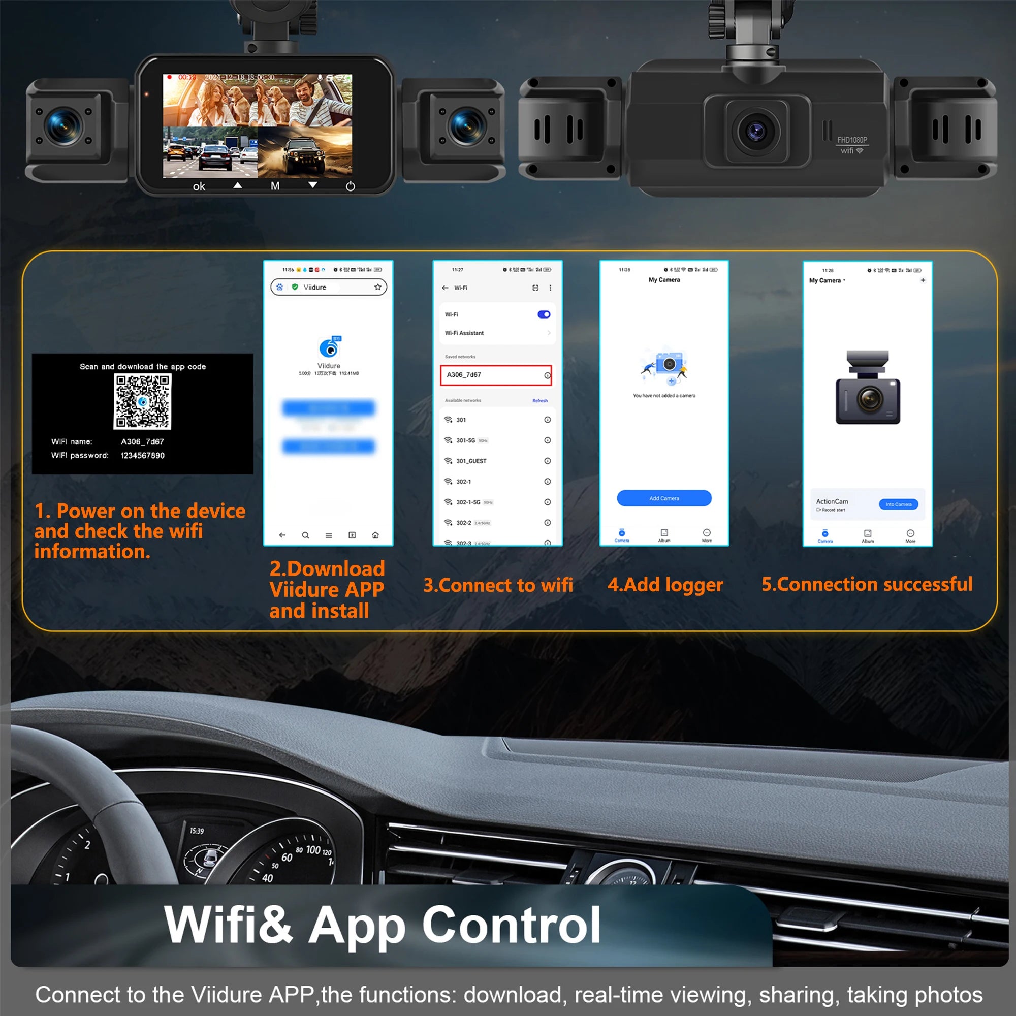 4-Channel Dash Cam for Cars w/ WiFi | 1080P HD Night Vision + 360° Coverage + Loop Recording (Includes Hardwire Kit)