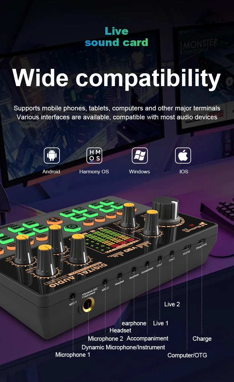 Gaming Audio Mixer with Audio Interface & Voice Changer BT Sound Board for PC Phone Live Streaming