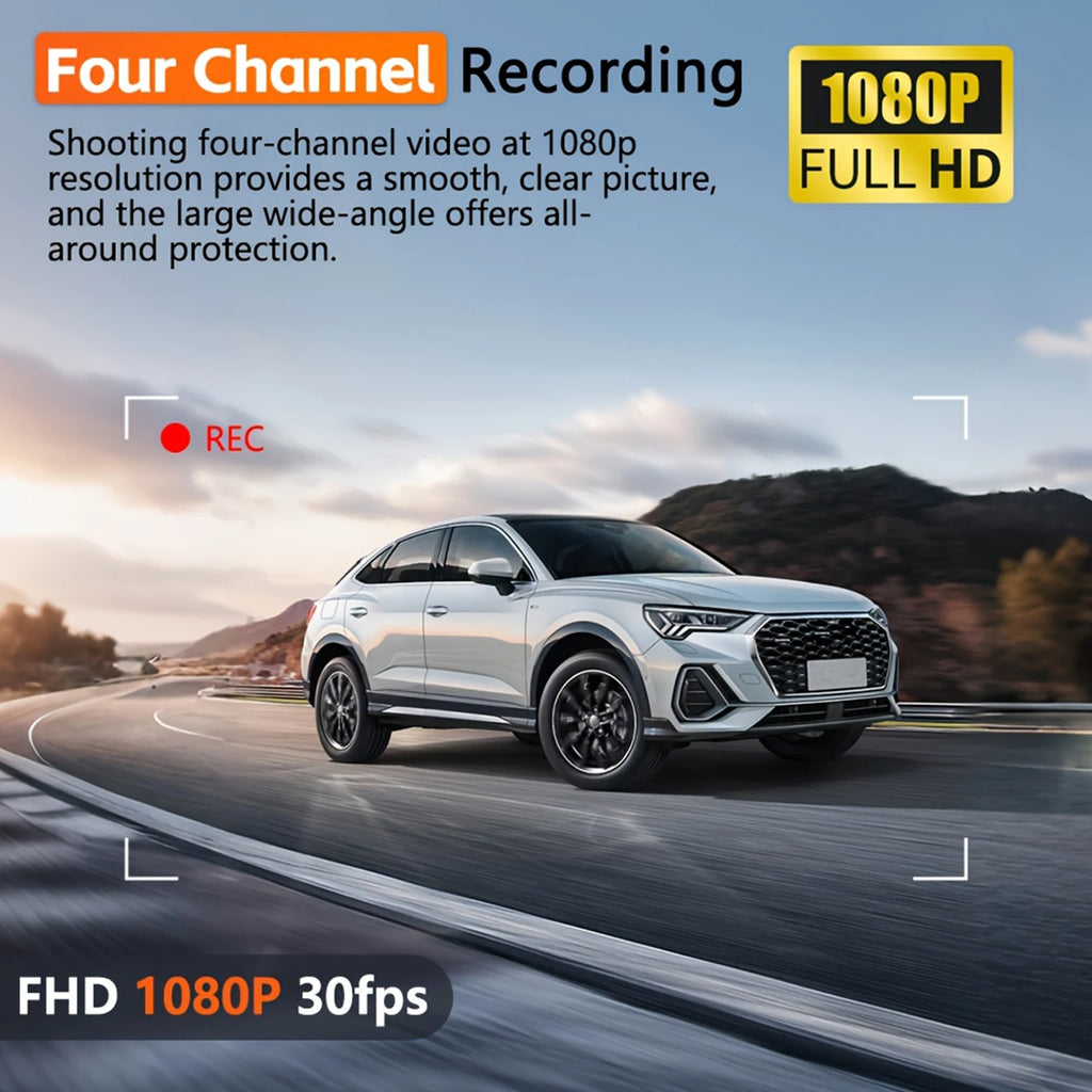 4-Channel Dash Cam for Cars w/ WiFi | 1080P HD Night Vision + 360° Coverage + Loop Recording (Includes Hardwire Kit)