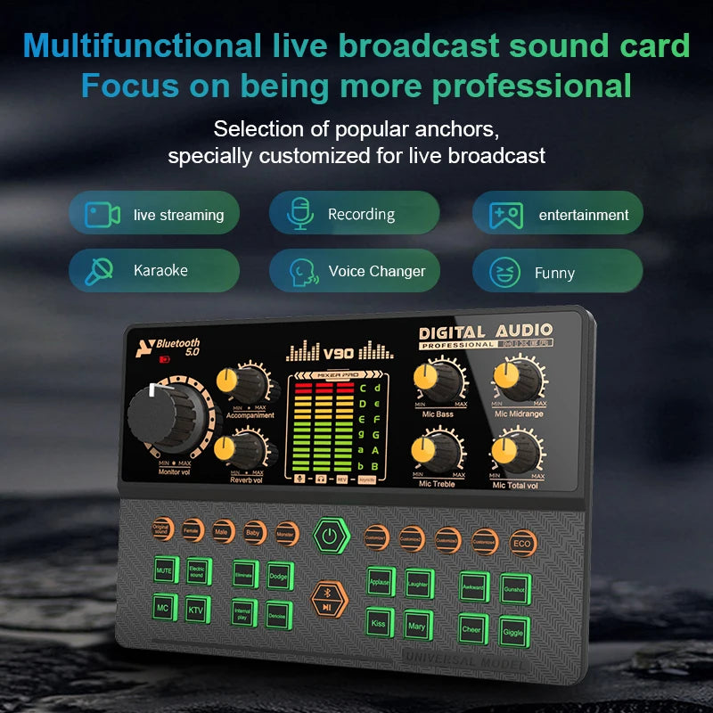 Gaming Audio Mixer with Audio Interface & Voice Changer BT Sound Board for PC Phone Live Streaming