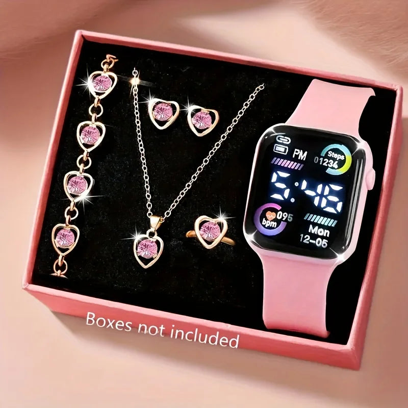 6-Piece Fashion Jewelry & Electronic Watch Set – Watch, Necklace, Earrings & Ring Gift Set for Teen Boys & Girls