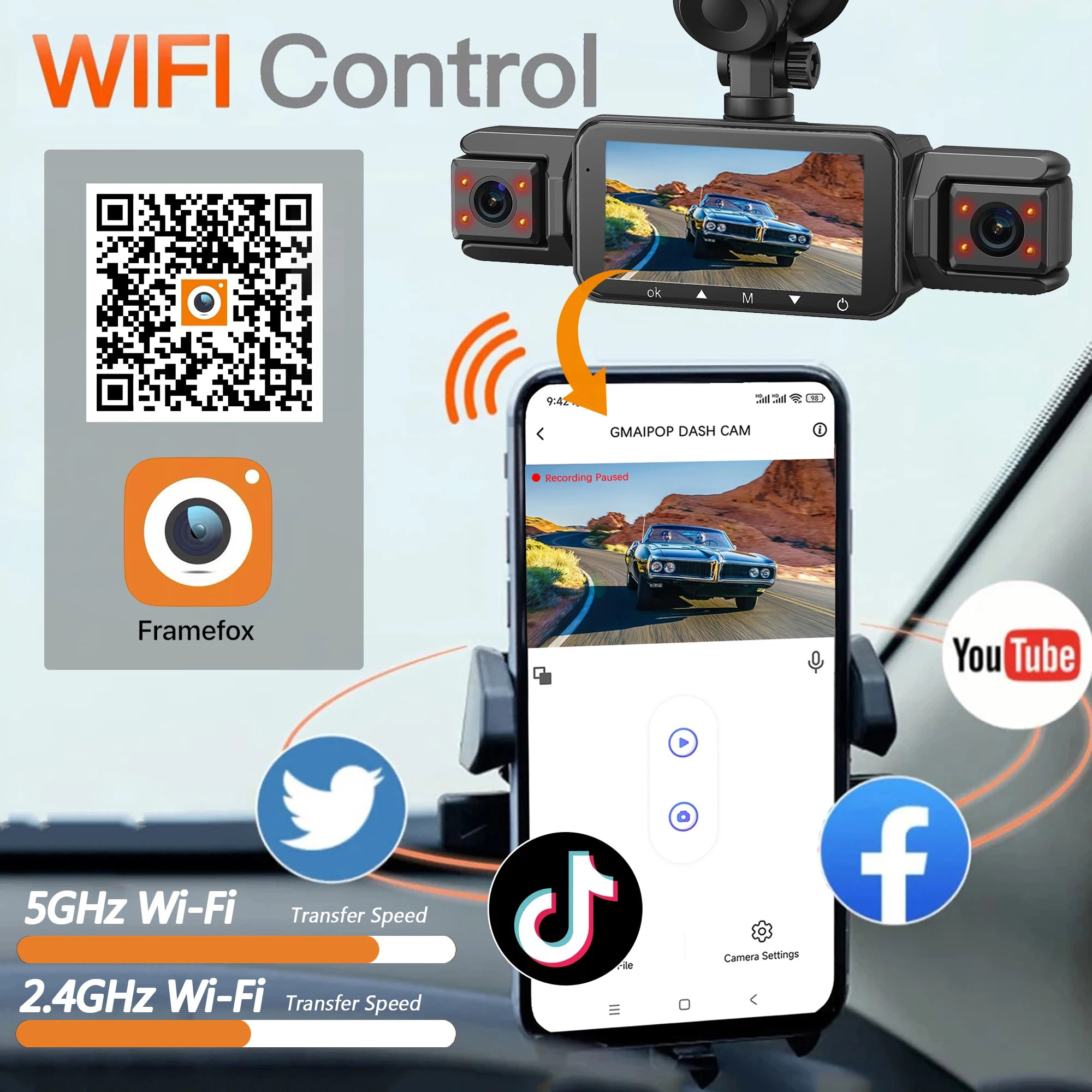 4-Channel Dash Cam for Cars w/ WiFi | 1080P HD Night Vision + 360° Coverage + Loop Recording (Includes Hardwire Kit)