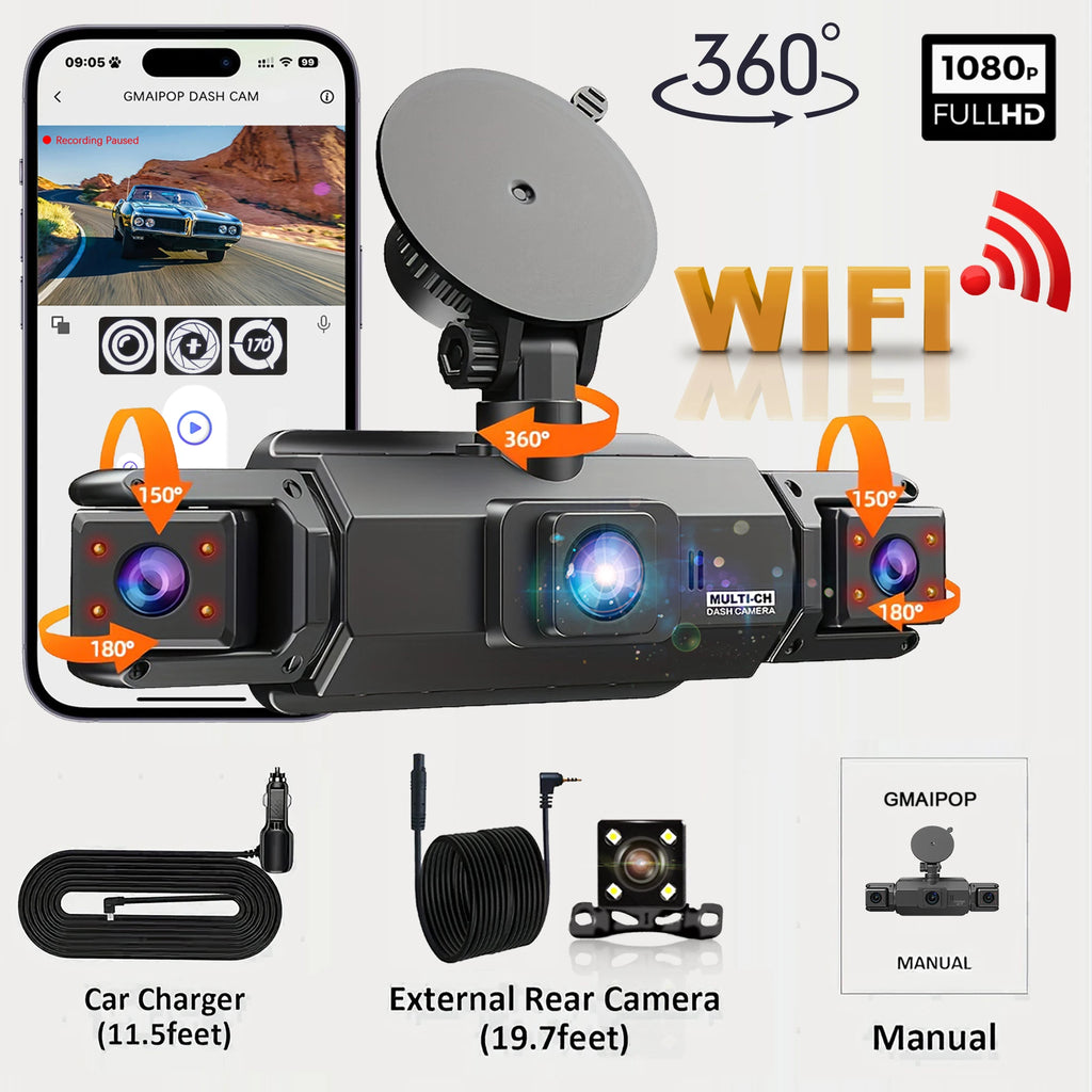 4-Channel Dash Cam for Cars w/ WiFi | 1080P HD Night Vision + 360° Coverage + Loop Recording (Includes Hardwire Kit)