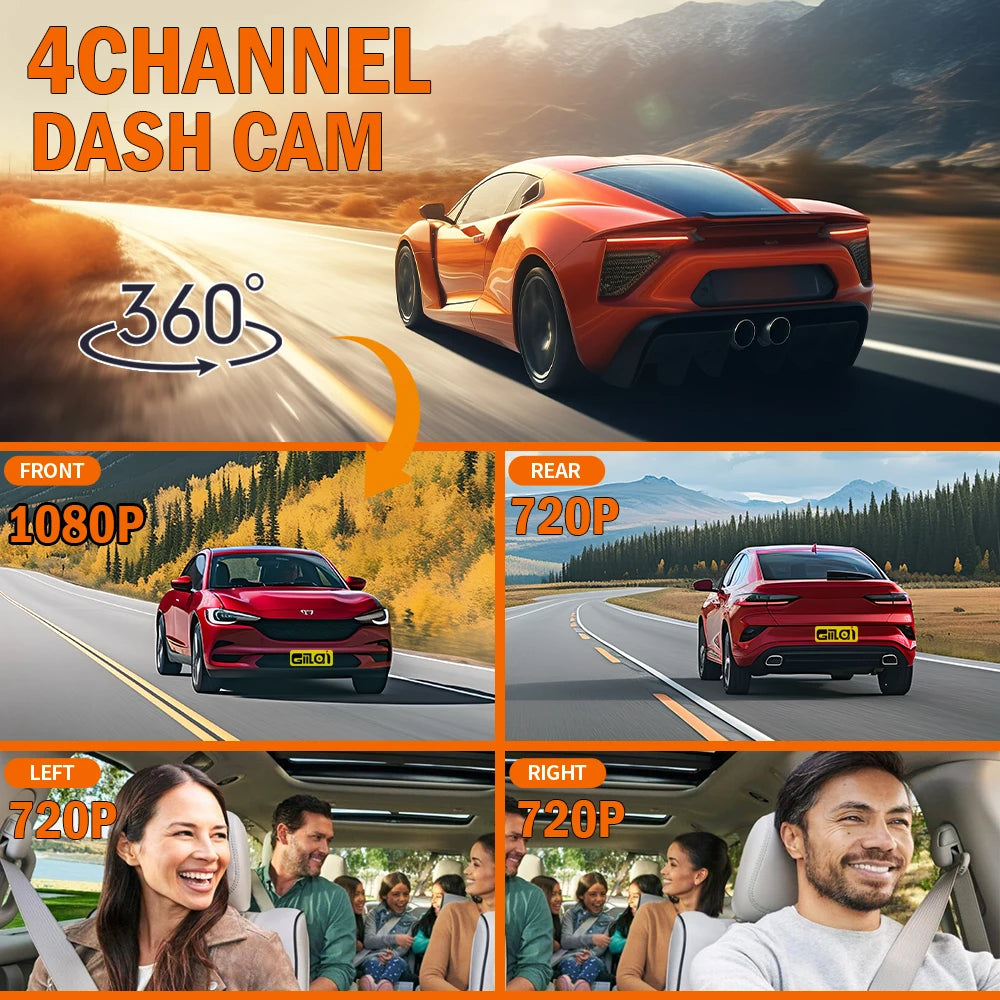 4-Channel Dash Cam for Cars w/ WiFi | 1080P HD Night Vision + 360° Coverage + Loop Recording (Includes Hardwire Kit)