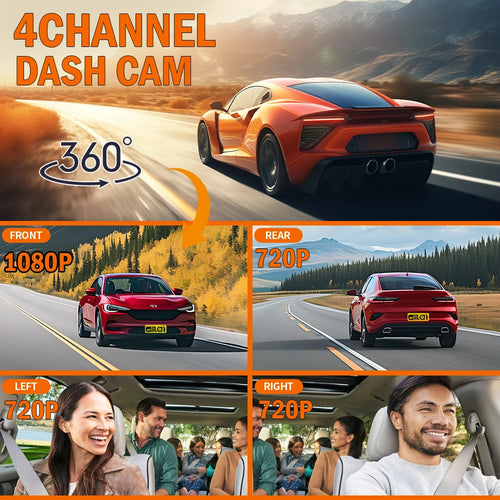 4-Channel Dash Cam for Cars w/ WiFi | 1080P HD Night Vision + 360° Coverage + Loop Recording (Includes Hardwire Kit)
