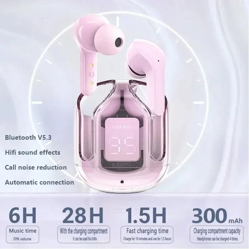 Wireless Bluetooth Earbuds – Noise Canceling HiFi Stereo Sport Headphones with Digital Display & Transparent Charging Case