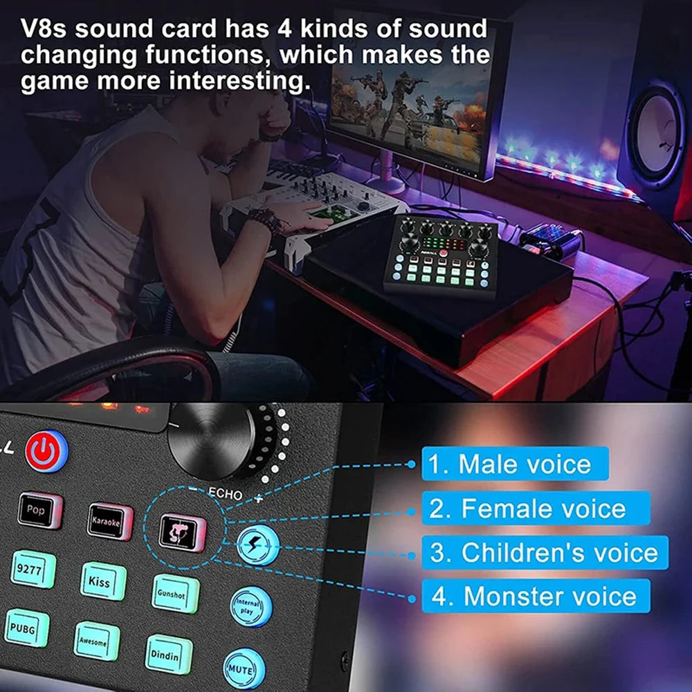 V8S Live Sound Card Equipment Live Broadcast DJ Audio Mixer With Microphone Set Fot Smartphone Games Blog Live streaming Device
