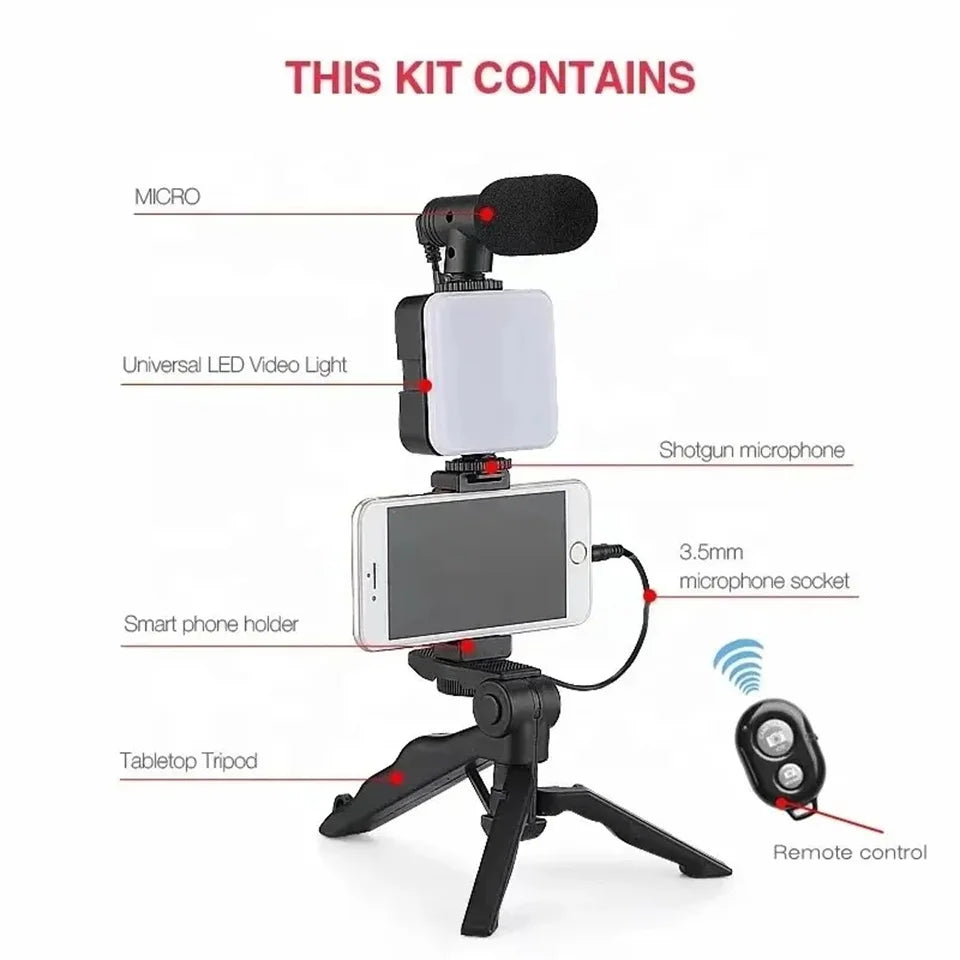 All-In-One Vlogging Kit – Tripod, Phone Holder, Mic & LED Light