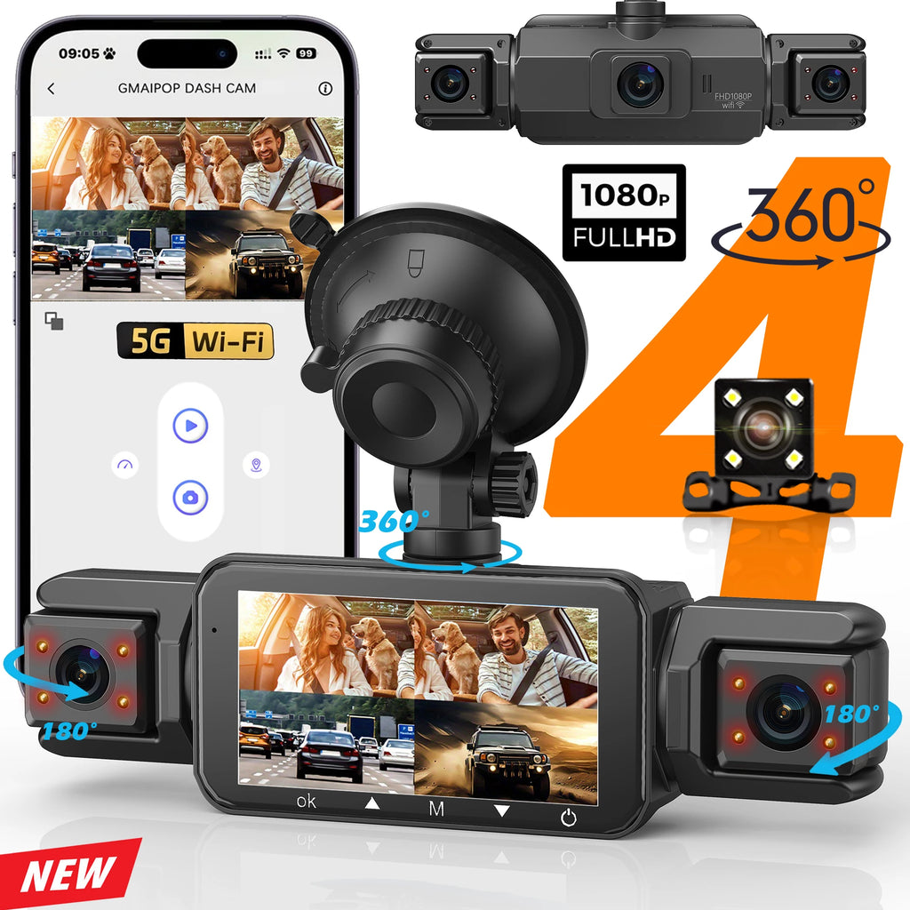 4-Channel Dash Cam for Cars w/ WiFi | 1080P HD Night Vision + 360° Coverage + Loop Recording (Includes Hardwire Kit)