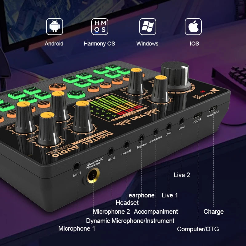 Gaming Audio Mixer with Audio Interface & Voice Changer BT Sound Board for PC Phone Live Streaming