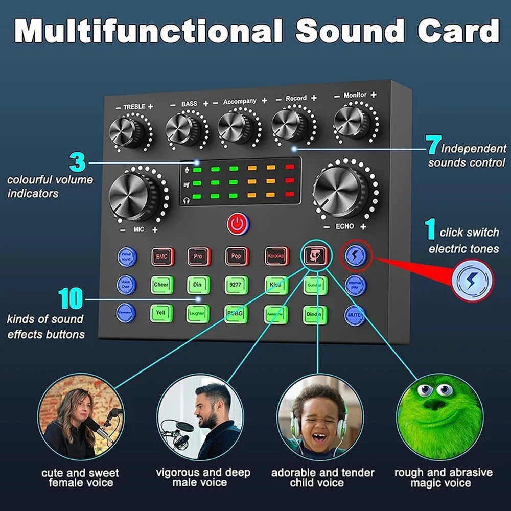 V8S Live Sound Card Equipment Live Broadcast DJ Audio Mixer With Microphone Set Fot Smartphone Games Blog Live streaming Device
